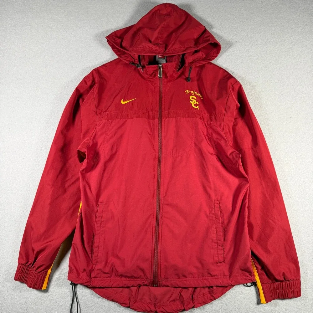Nike Team USC Trojans Mens Red Hooded Windbreaker Jacket Full Zip Size Large